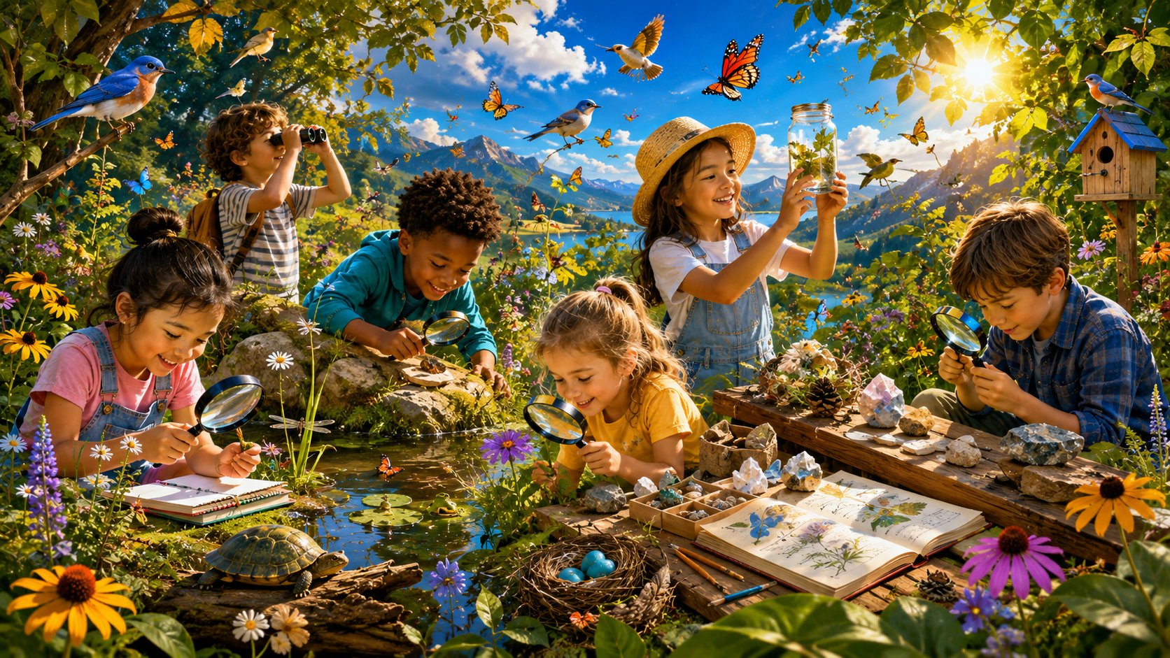 Illustration: children doing field study in nature — observing, recording, discovering