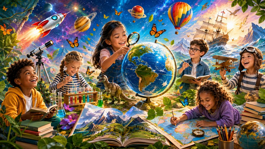 Children exploring a globe, maps and books together